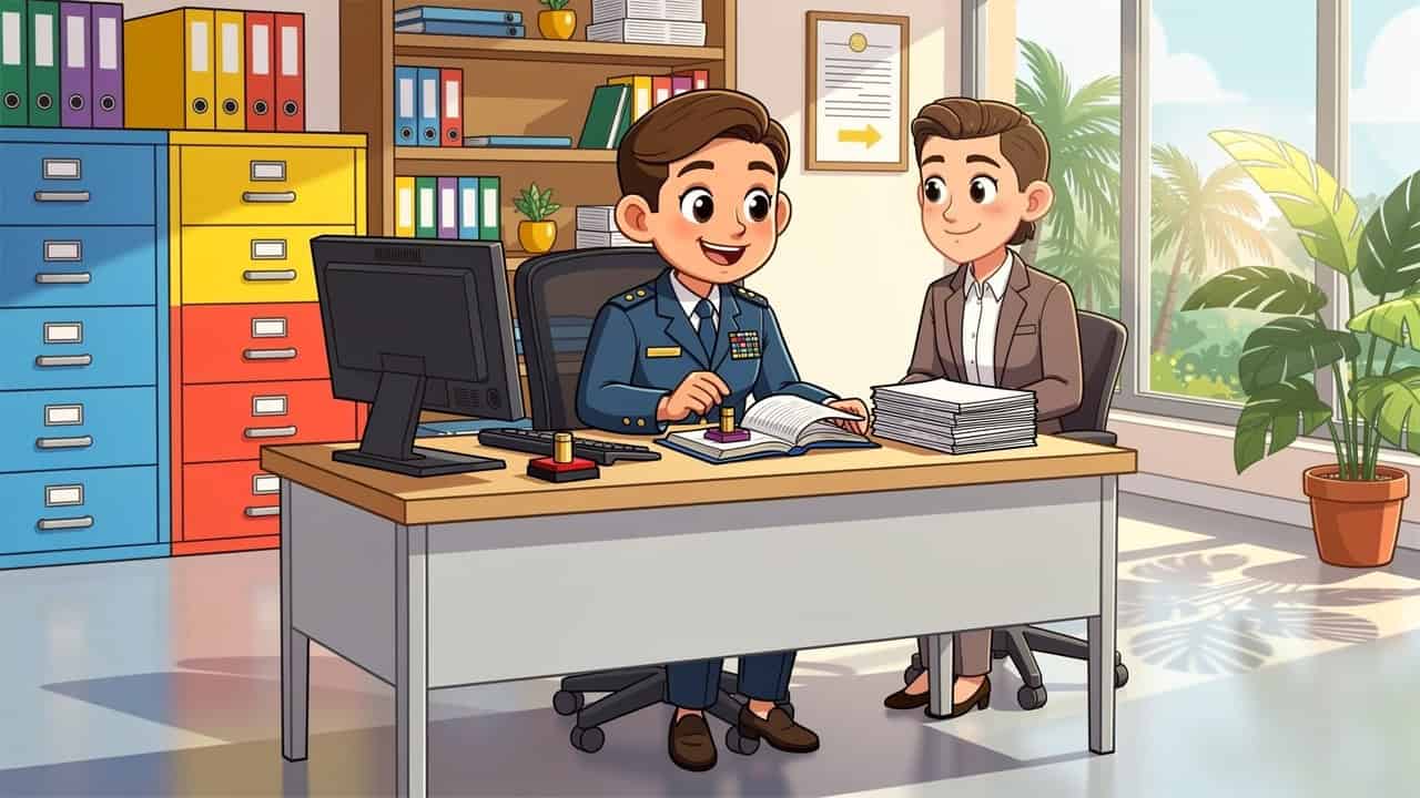 Immigration officer processing visa application at desk