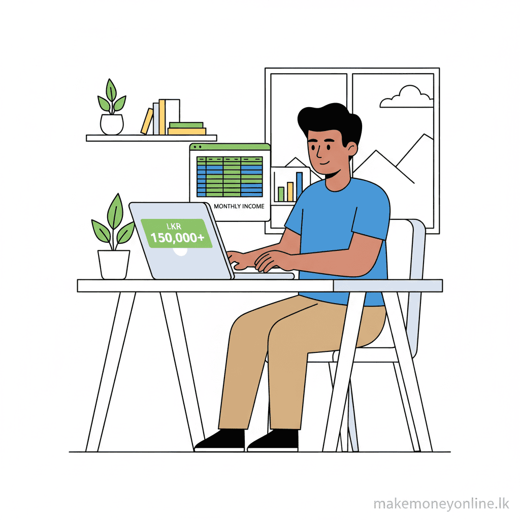 Data Entry Jobs in Sri Lanka: Earn LKR 25,000+ Monthly (2026 Guide) Data entry jobs from Sri Lanka showing typing on keyboard, spreadsheet work, LKR income, and legitimate platforms like Upwork