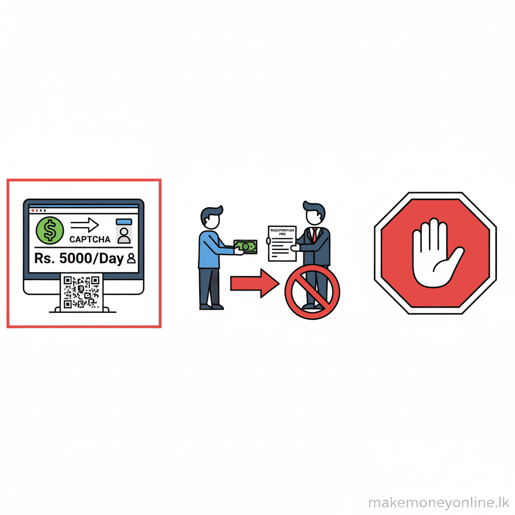 Data Entry Jobs in Sri Lanka: Earn LKR 25,000+ Monthly (2026 Guide) Data entry job scam warning signs in Sri Lanka including fake CAPTCHA sites, upfront registration fee demands, and payment certificate scams