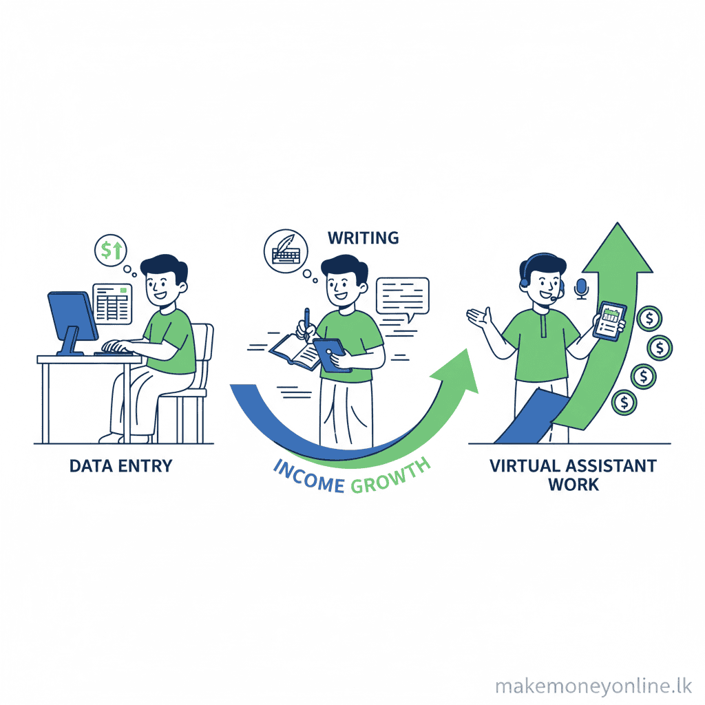 Data Entry Jobs in Sri Lanka: Earn LKR 25,000+ Monthly (2026 Guide) Data entry jobs verdict for Sri Lankan beginners showing income potential, transition to higher-value skills, and realistic earnings