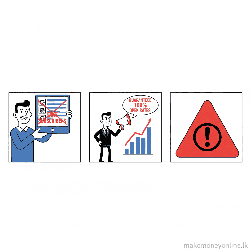 Email Marketing in Sri Lanka: Earn LKR 80,000+ Monthly (2026 Guide) Email marketing scam warning signs including fake subscriber list sellers and fraudulent email marketing agencies
