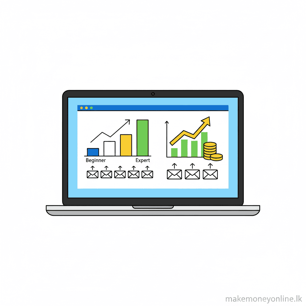 Email Marketing in Sri Lanka: Earn LKR 80,000+ Monthly (2026 Guide) Email marketing income potential for Sri Lankan freelancers showing beginner to expert LKR monthly income growth
