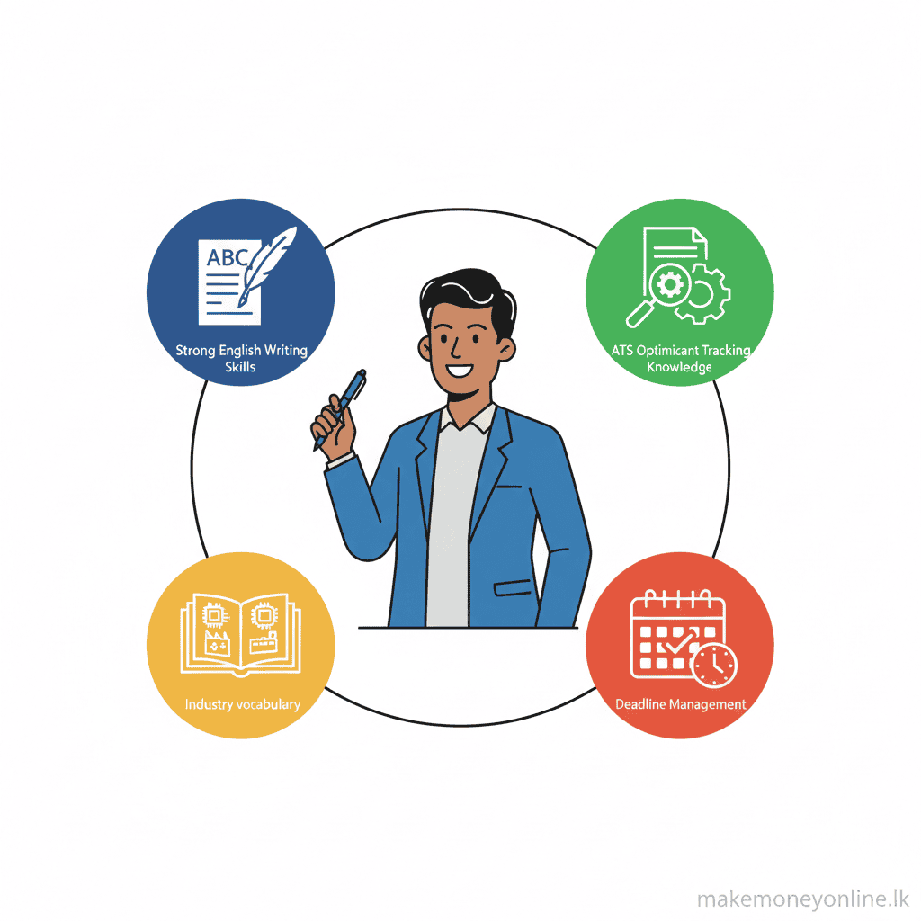 Resume Writing Services in Sri Lanka: Earn LKR 60,000+ Monthly (2026 Guide) Skills needed for resume writing services in Sri Lanka including English writing, ATS knowledge, and CV formatting
