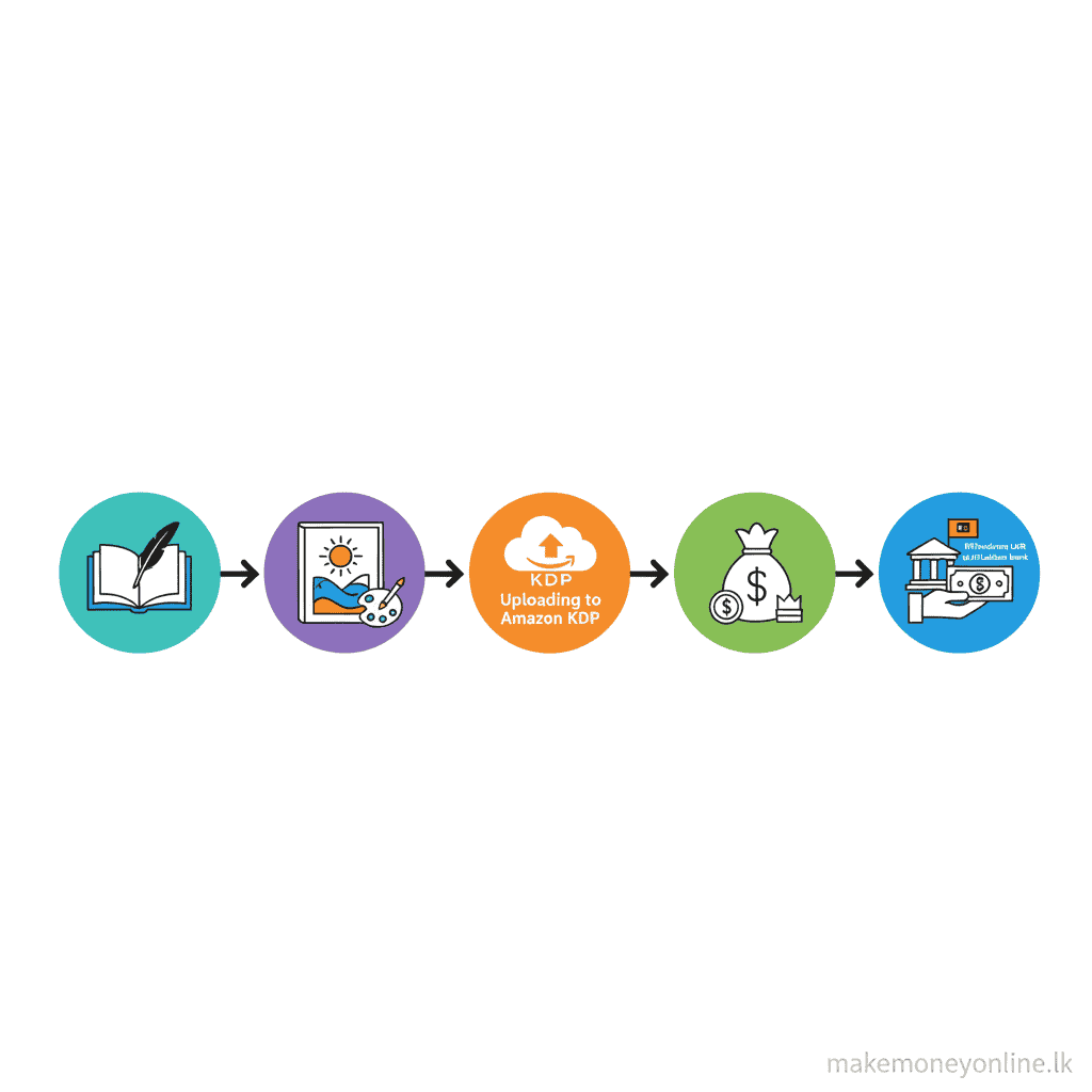 Selling Books Online in Sri Lanka: Earn LKR 50,000+ Monthly (2026 Guide) Self-publishing process for Sri Lankan authors showing steps from writing to receiving LKR payment
