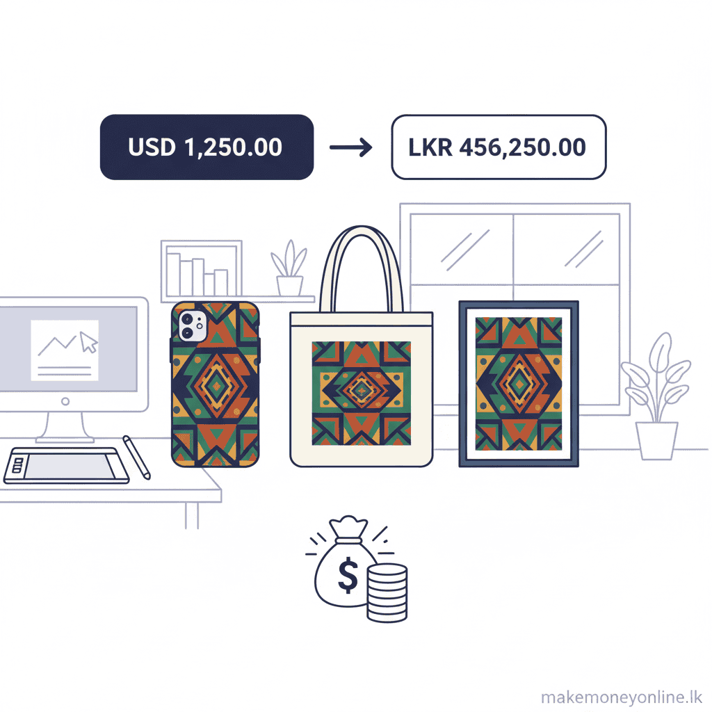 Selling Digital Art in Sri Lanka: Earn LKR 60,000+ Monthly (2026 Guide) Selling digital art income from Sri Lanka showing illustration on products, marketplace listings, and USD to LKR conversion