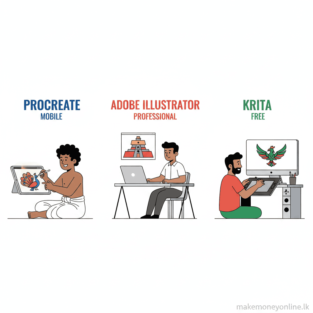 Selling Digital Art in Sri Lanka: Earn LKR 60,000+ Monthly (2026 Guide) Digital art tools for Sri Lankan artists including Procreate on iPad, Adobe Illustrator, and free alternatives like Krita