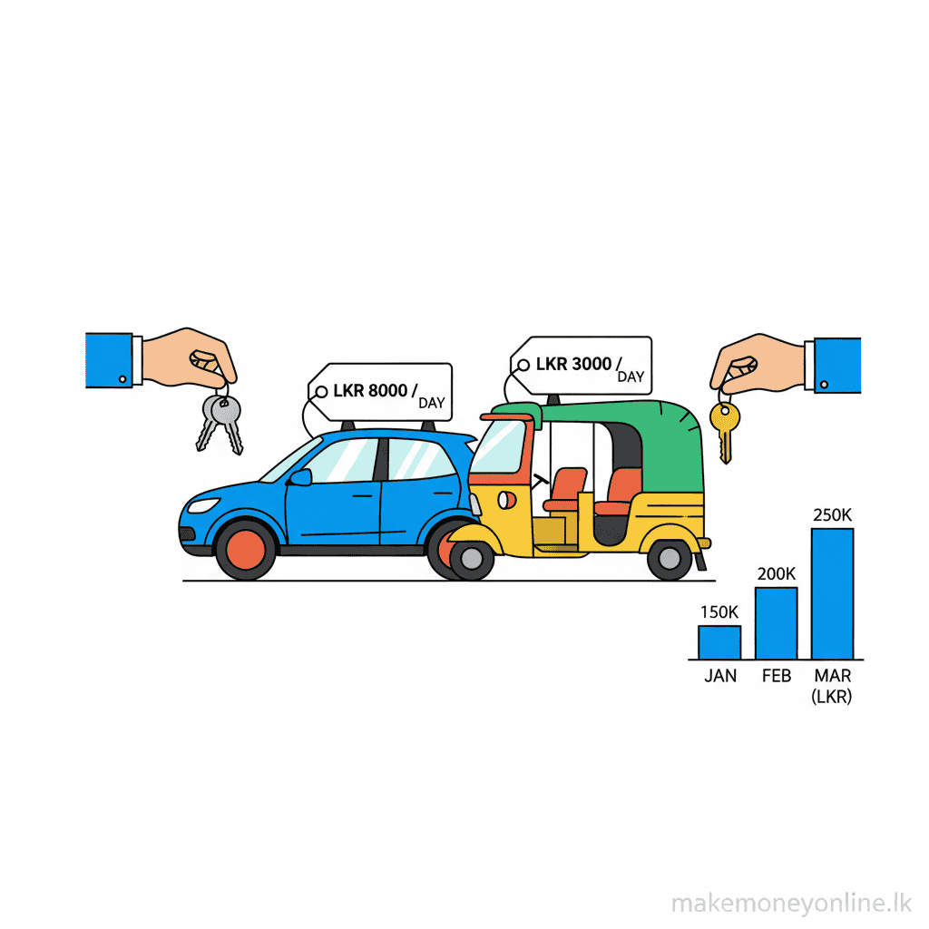 Vehicle Rentals in Sri Lanka: Earn LKR 50,000+ Monthly (2026 Guide) Vehicle rental income in Sri Lanka showing car and tuk-tuk rental listings with LKR daily rates and monthly income
