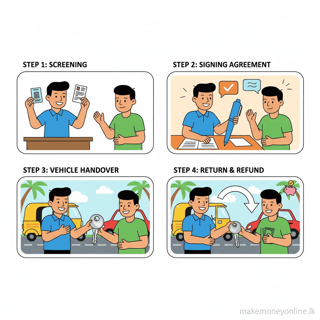 Vehicle Rentals in Sri Lanka: Earn LKR 50,000+ Monthly (2026 Guide) Vehicle rental process in Sri Lanka showing screening renters, taking deposits, and vehicle handover steps