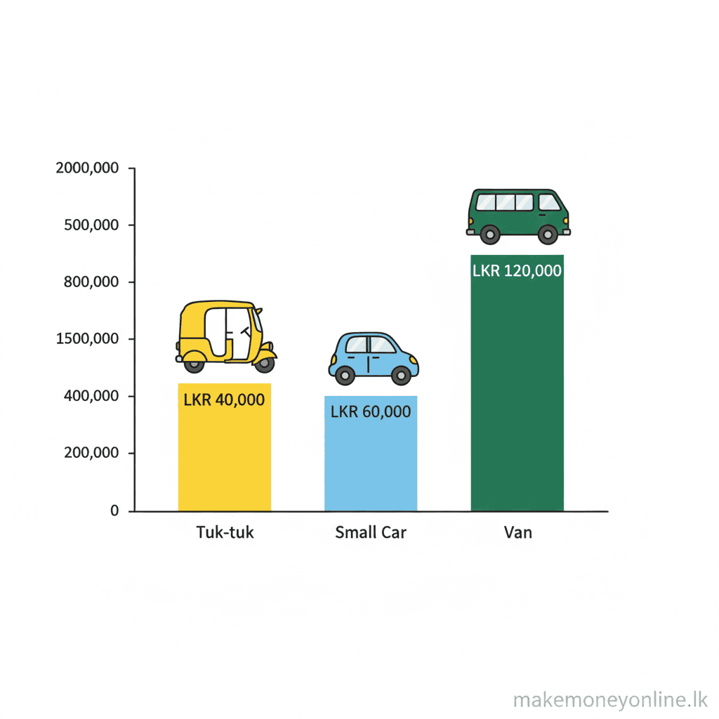 Vehicle Rentals in Sri Lanka: Earn LKR 50,000+ Monthly (2026 Guide) Vehicle rental income potential in Sri Lanka showing monthly LKR earnings by vehicle type